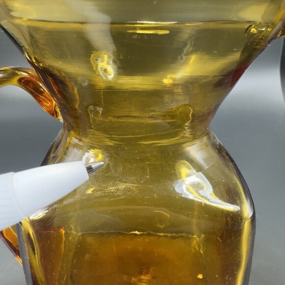 Mid Century Hand Blown Art Glass Pitcher Jug Carafe Amber With Handle Hand Made - Picture 5 of 12